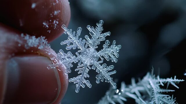 Ultra HD Extreme closeup macro photograph of a perfect, intricate stellar dendrite snowflake resting on a fingertip video