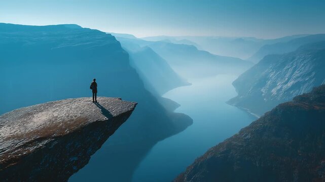 Ultra HD A lone hiker stands on the edge of a dramatic cliff overlooking a vast, misty fjord landscape in cool blue tones video