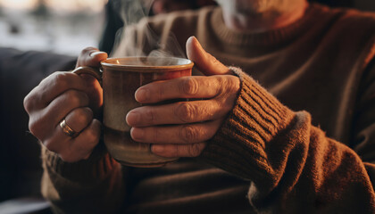 Close up of male hands holding a hot ceramic mug of coffee with steam rising in warm light.
