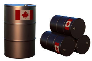 Oil barrels with the Canada flag on transparent background. 3D Render