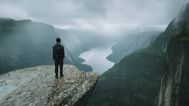 Ultra HD Hiker standing on a dramatic cliff edge overlooking a deep fjord valley surrounded by misty mountains in norway video
