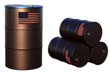 Oil barrels with the US flag on transparent background. 3D Render