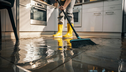 Homeowner in yellow rubber boots using a broom to clean up a flooded kitchen floor after a major water leak or accident