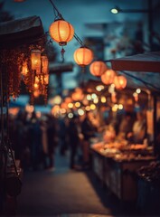 Naklejka premium Illuminated lanterns create a vibrant atmosphere at a bustling night market.