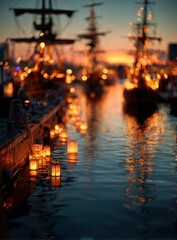 Illuminated Ships at Dusk - A Captivating Maritime Scene.