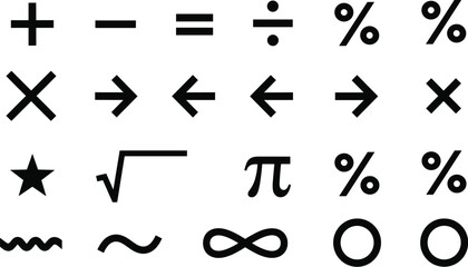 Mathematical symbols, logic icons, abstract signs, educational elements, vector graphics, school tools, digital symbols, math operations, academic design, learning visuals