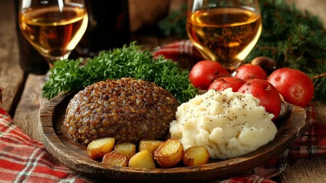 A traditional Scottish haggis with mashed potatoes, and fresh parsley, served on a rustic wooden plate with glasses of whiskey. Festive dinner for Burns Night