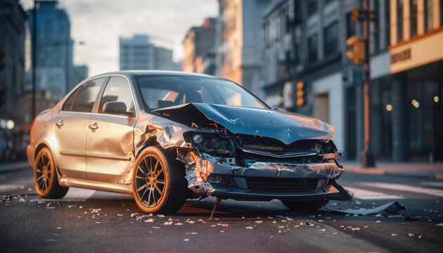 Car Crash on City Street Damaged Vehicle After Traffic Accident