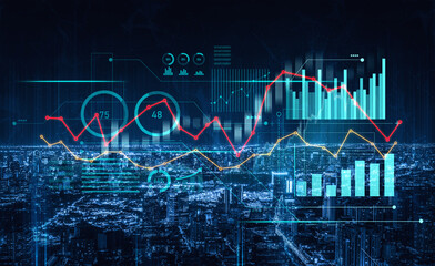 Futuristic financial analysis with vibrant data visuals and glowing charts over a city at night, illustrating market trends and technological advancements in analytics. Scalp
