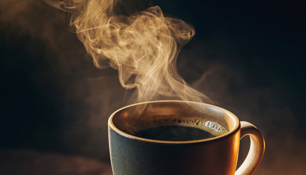 A close-up shot of a steaming cup of coffee against a dark, blurry background, highlighting the warmth and aroma
