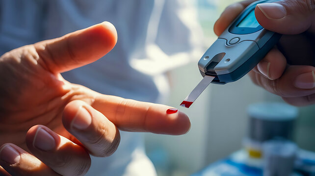 Person checking blood sugar with glucometer and blood drop on finger