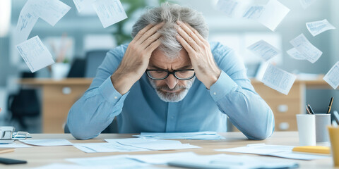 A stressed man sitting at the table in the office. Overworking concept.