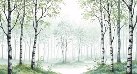 Fototapeta premium Watercolor birch trees illustration of a misty forest landscape with copy space