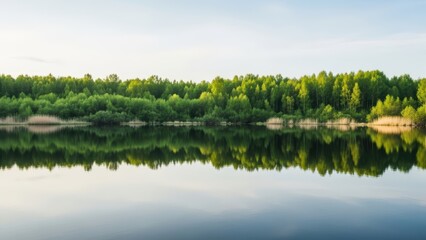 Tranquil summer lake with lush green forest reflections under clear sky