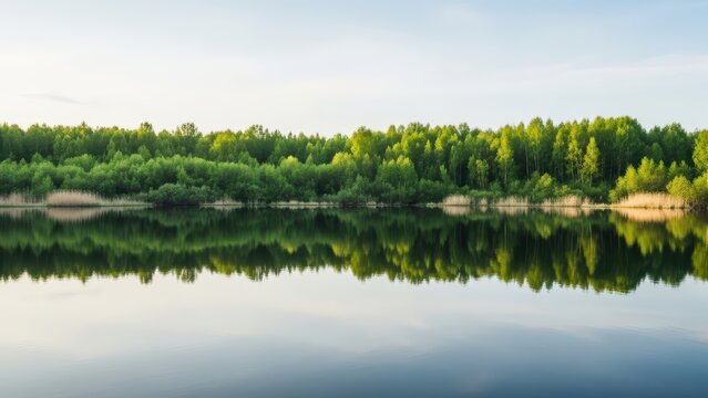 Tranquil summer lake with lush green forest reflections under clear sky