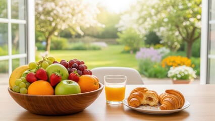 Fresh fruit bowl and croissants on sunny garden table