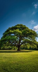 Fototapeta premium Majestic Tree Standing Tall in a Lush Green Meadow Under a Blue Sky.