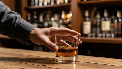 Hand holding whiskey glass in bar environment with assorted bottles