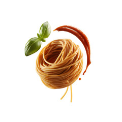 Italian spaghetti nest, flying tomato sauce, and fresh basil isolated on transparent background