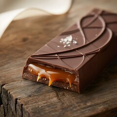 Gourmet chocolate bar with molten salted caramel filling, close-up