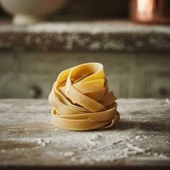 Fresh homemade tagliatelle pasta nest on rustic wooden surface.