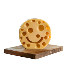 Smiling cheese slice with a happy face on a rustic wood board isolated on transparent background