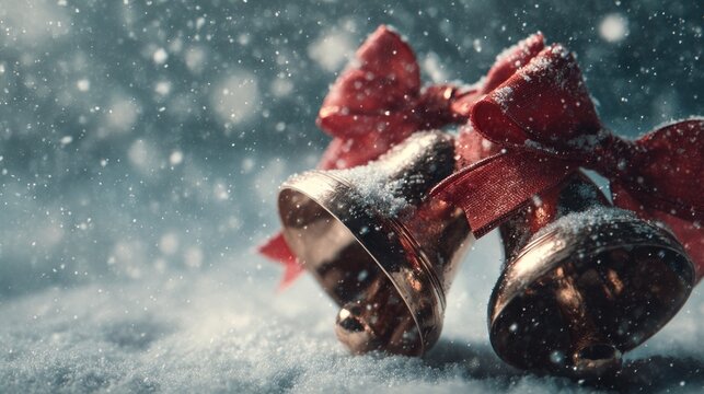 holiday ribbons and bells on snowy background, - Powered by Adobe