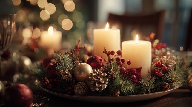 holiday table centerpiece with candles and ornaments - Powered by Adobe