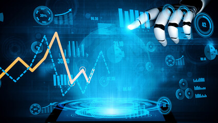 A sleek robotic hand interacts with holographic data visuals and dynamic graphs, representing advanced technology in data analytics and modern business strategies. Xenic