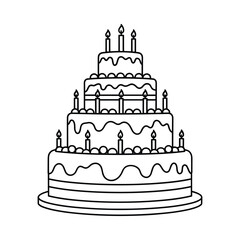 Black and white line drawing of a multi tiered birthday cake with candles
