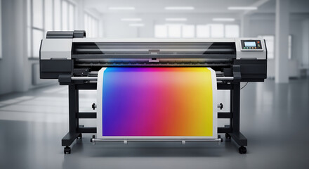 High-quality printer in a modern printing house, producing vibrant gradient prints on large paper rolls, showcasing advanced printing technology and professional craftsmanship