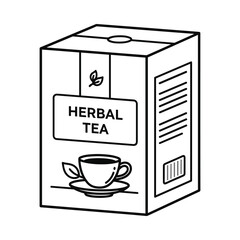 Hand drawn illustration of a box of herbal tea with a cup and saucer