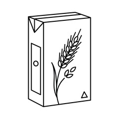 Simple black and white line drawing of a carton of milk with a wheat stalk illustration
