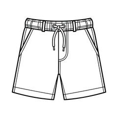 Line drawing of a pair of casual shorts with an elastic waistband and drawstring