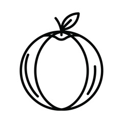 Simple line art illustration of a fresh orange with a stem and leaf