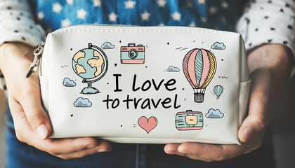 Person holding a travel-themed cosmetic bag with 'I Love to Travel' text, person holds a white cosmetic bag decorated with travel-related illustrations, perfect for storing essentials while on the go