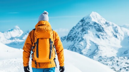 Hiker with backpack and orange jacket gazing at a snow capped peak, exploring winter landscape with copy space