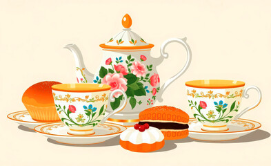 Elegant Stylized Tea Set Illustration with Floral Teapot and Pastries, White and Orange Afternoon Tea Scene with Copy Space