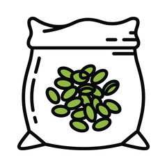 Illustration of a burlap sack filled with green seeds or beans on a white background