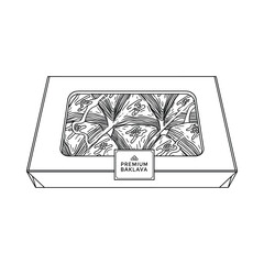 Hand drawn sketch of a gift box filled with delicate floral arrangements and greenery