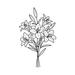 Elegant black and white line drawing of a bouquet of lilies