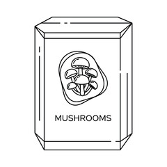 Black and white line drawing of a package of mushrooms with the word mushrooms on the front