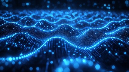 Abstract glowing blue wave pattern with connected dots and blurred bokeh in the background