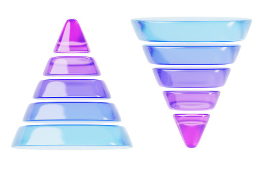 Glass inverted cone and pyramid 3d render icon set. Gradient blue pink sales funnel, five level infographic chart, conversion rate, digital marketing, business awareness technology
