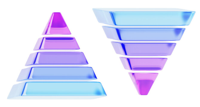 3d color glass pyramid and inverted render icon set. Crystal gradient triangle of five levels for business infographic. Network marketing and financial, inverse hierarchy principle