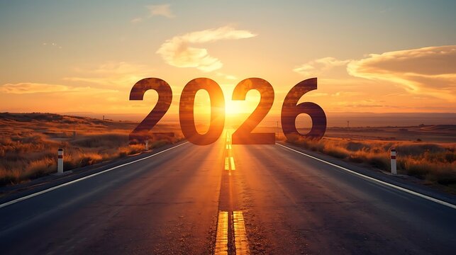The year 2026 appears as a bright sunrise over a long open road
