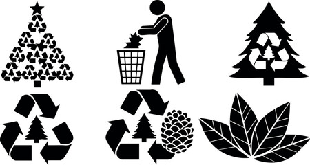 Minimalist flat design eco icons combining recycling symbols with christmas trees, pine cones and leaves, stick figure throwing waste into bin, black silhouette set on white background