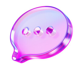 3d glass holographic speech bubble icon with pink purple gradient. Rainbow crystal talk box with text message of dots. Isolated chat, dialog, comment, quote, web notification symbol