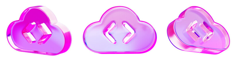3d set of glass holographic cloud programming icon with html code tag. Render cloud computing platform with purple pink gradient. Development of software and application in internet