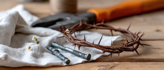 Crown of thorns and three nails on white linen fabric creating a reflective easter background in natural daylight